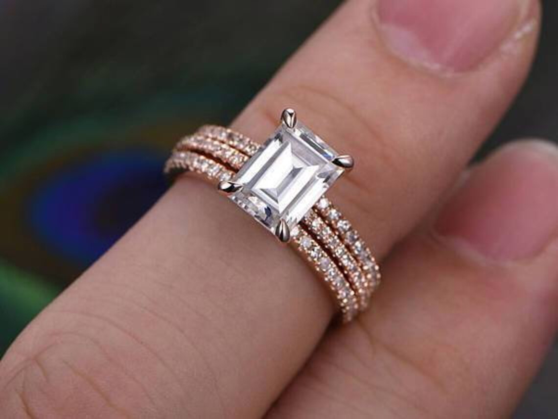 1 CT Emerald Cut Diamond Rose Gold Over On 925 Sterling Silver Wedding Bridal Ring Set