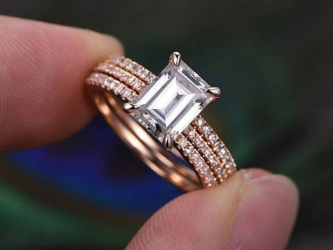 1 CT Emerald Cut Diamond Rose Gold Over On 925 Sterling Silver Wedding Bridal Ring Set