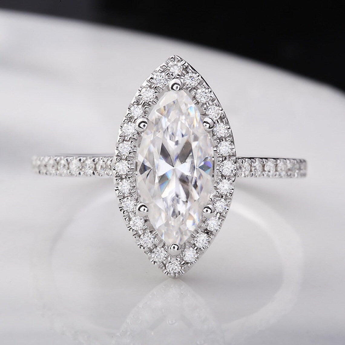 1.5 CT Marquis Cut White Gold Over On 925 Sterling Silver Halo Engagement Ring