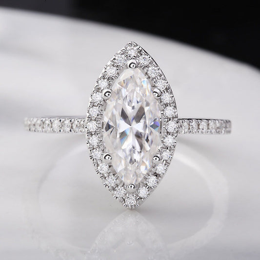 1.5 CT Marquis Cut White Gold Over On 925 Sterling Silver Halo Engagement Ring
