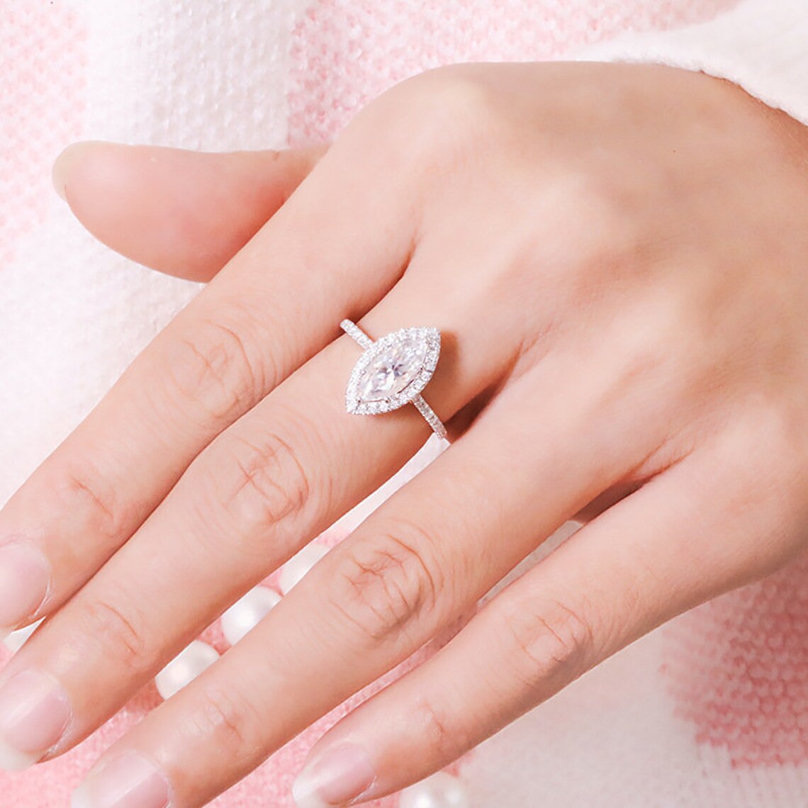 1.5 CT Marquis Cut White Gold Over On 925 Sterling Silver Halo Engagement Ring