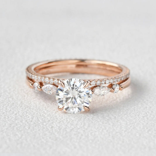 1 CT Round Cut Rose Gold Over On 925 Sterling Silver Bridal Wedding Ring Set