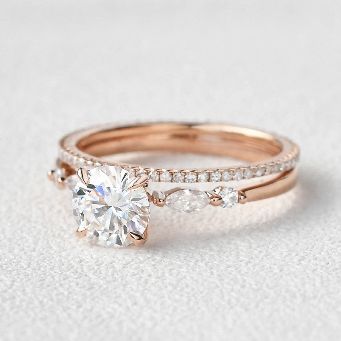 1 CT Round Cut Rose Gold Over On 925 Sterling Silver Bridal Wedding Ring Set