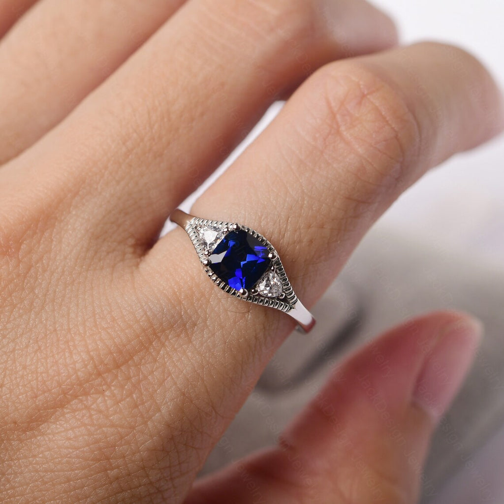 2.50 Ct Cushion Cut Blue Sapphire & Trillion White CZ 925 Sterling Silver Three-Stone Promise Ring