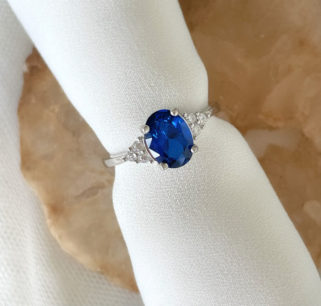 2 CT Oval Cut Blue Sapphire White Gold Over On 925 Sterling Silver Solitaire W/Accents Ring
