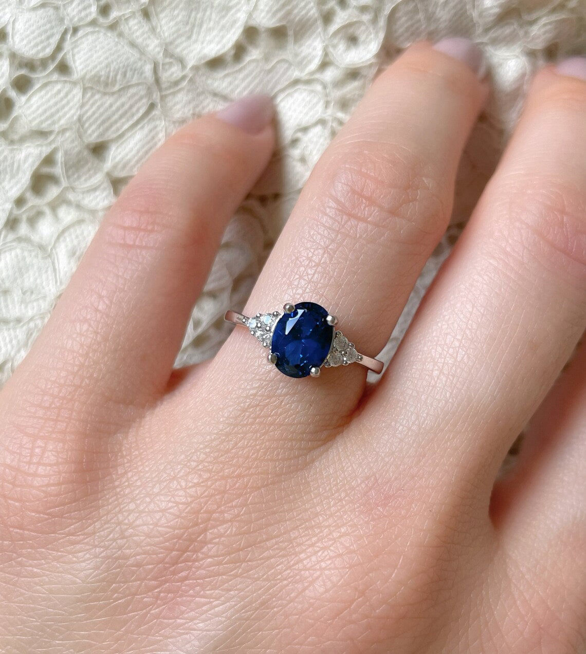 2 CT Oval Cut Blue Sapphire White Gold Over On 925 Sterling Silver Solitaire W/Accents Ring