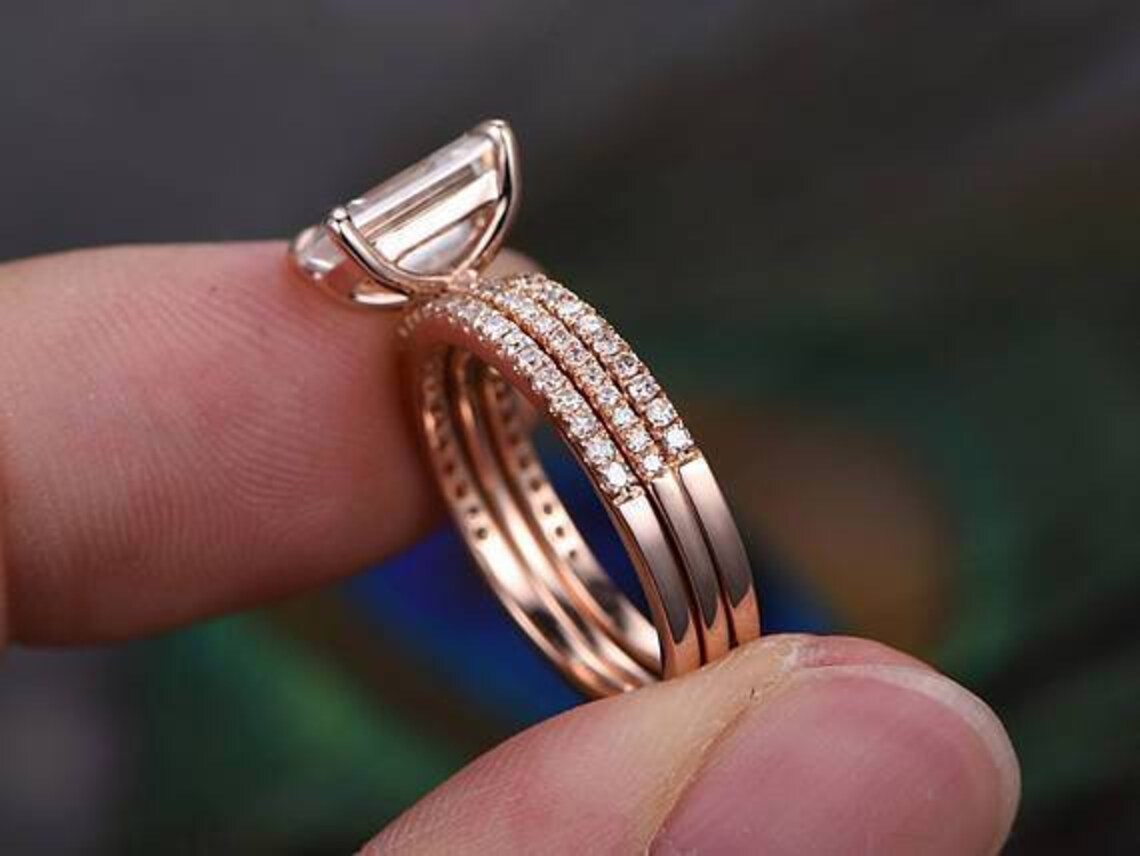 1 CT Emerald Cut Diamond Rose Gold Over On 925 Sterling Silver Wedding Bridal Ring Set