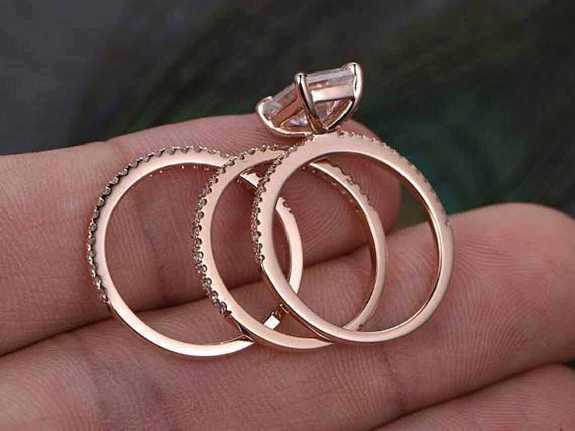 1 CT Emerald Cut Diamond Rose Gold Over On 925 Sterling Silver Wedding Bridal Ring Set