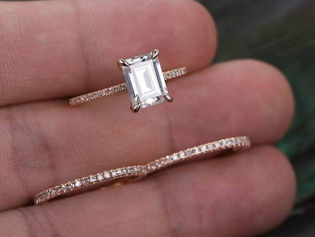 1 CT Emerald Cut Diamond Rose Gold Over On 925 Sterling Silver Wedding Bridal Ring Set