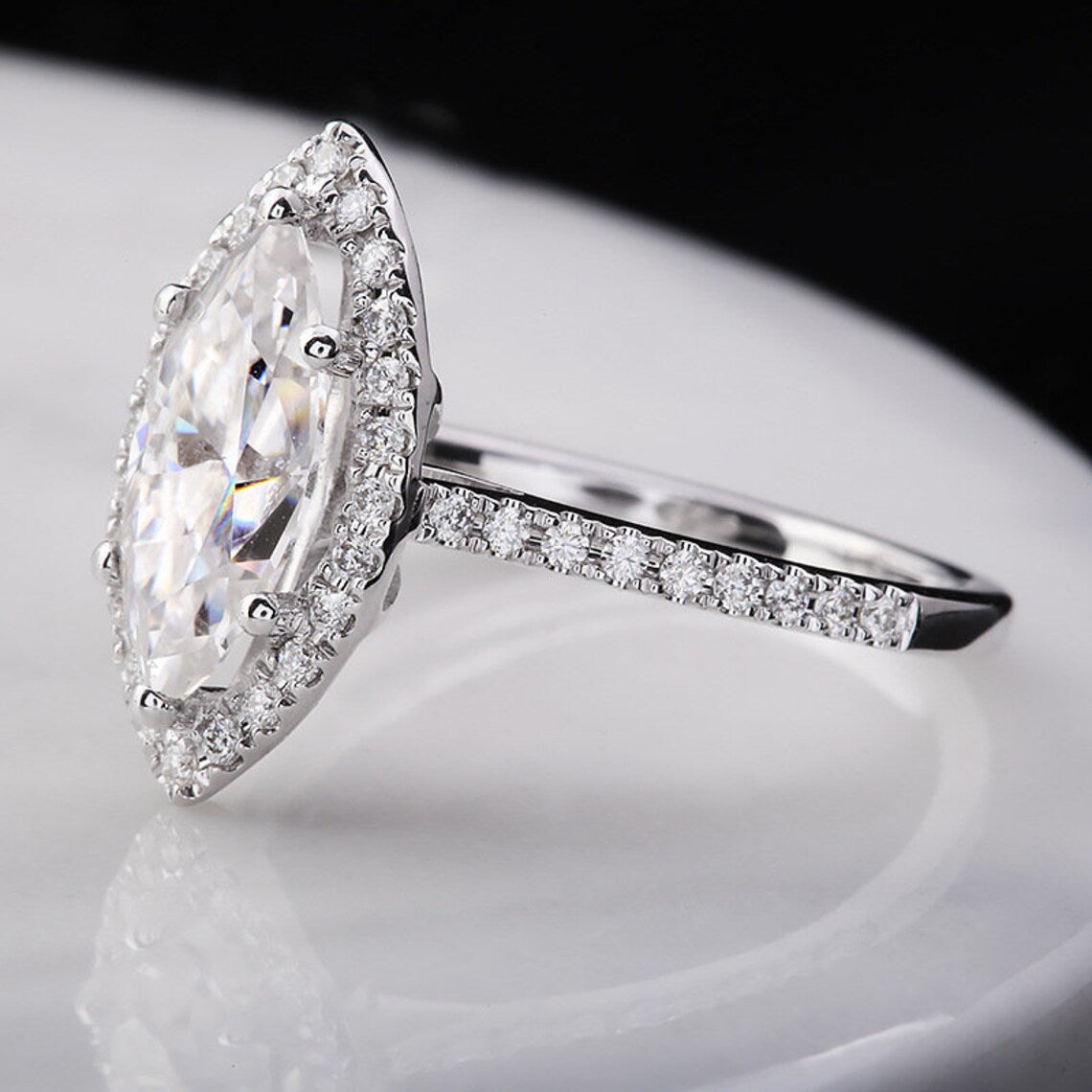 1.5 CT Marquis Cut White Gold Over On 925 Sterling Silver Halo Engagement Ring