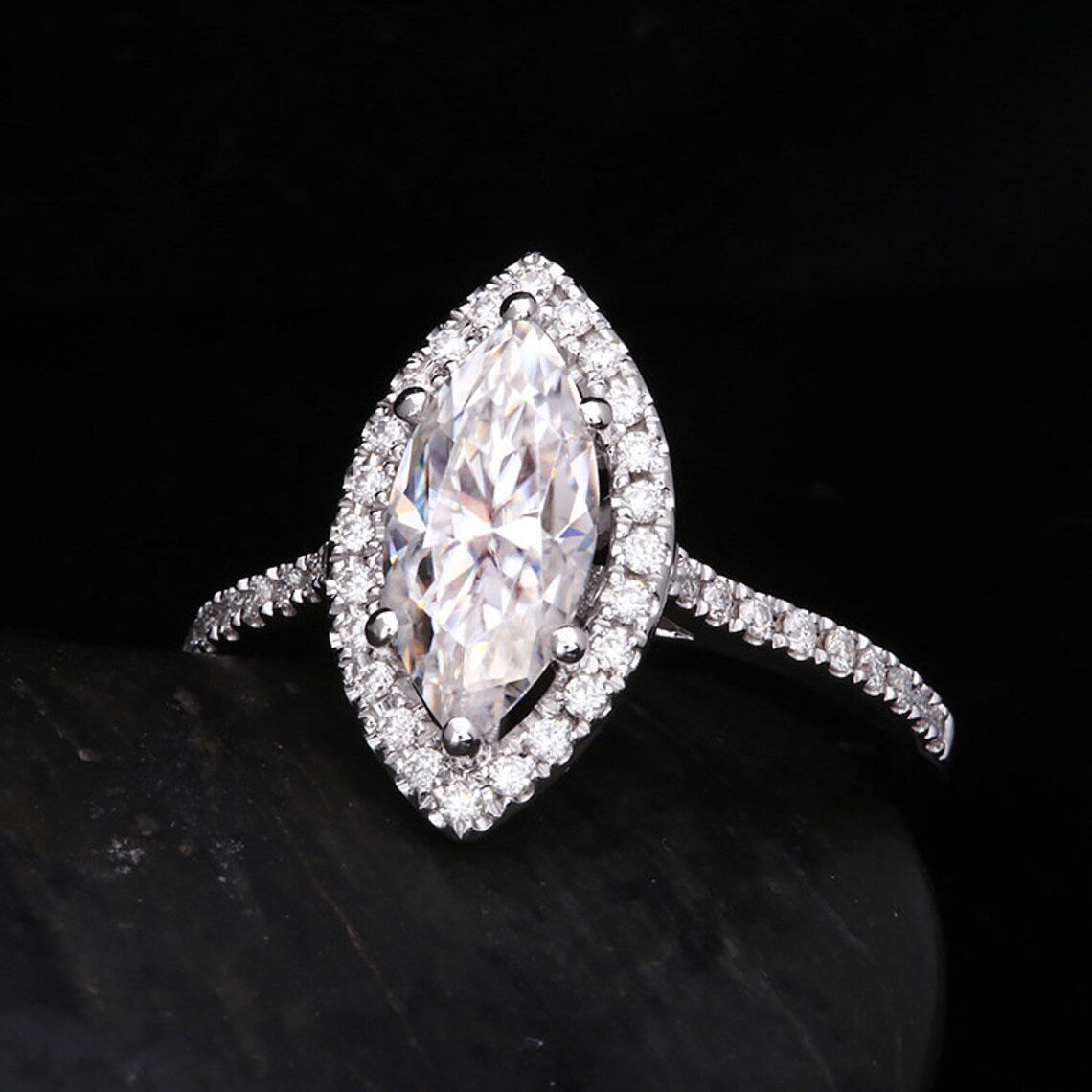1.5 CT Marquis Cut White Gold Over On 925 Sterling Silver Halo Engagement Ring