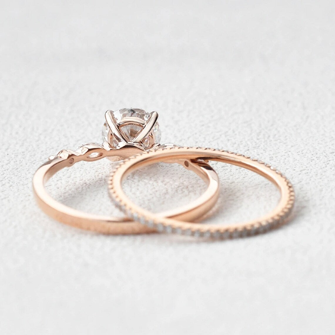 1 CT Round Cut Rose Gold Over On 925 Sterling Silver Bridal Wedding Ring Set