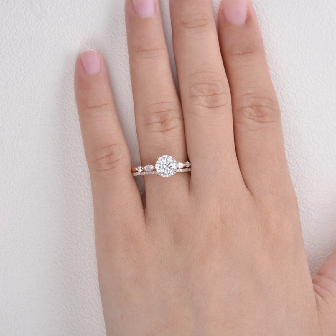 1 CT Round Cut Rose Gold Over On 925 Sterling Silver Bridal Wedding Ring Set
