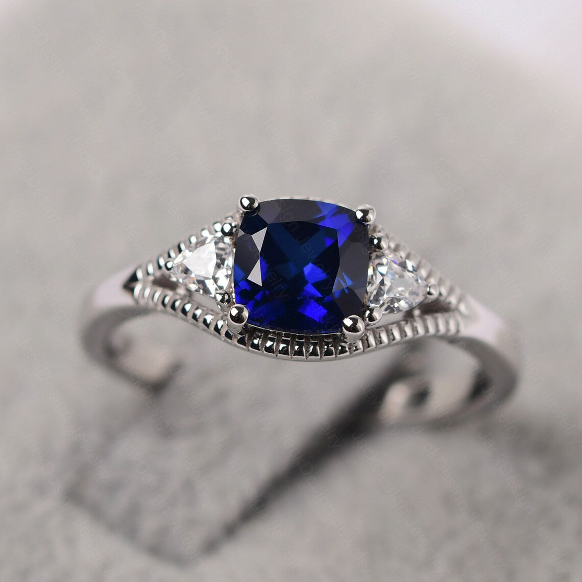 2.50 Ct Cushion Cut Blue Sapphire & Trillion White CZ 925 Sterling Silver Three-Stone Promise Ring