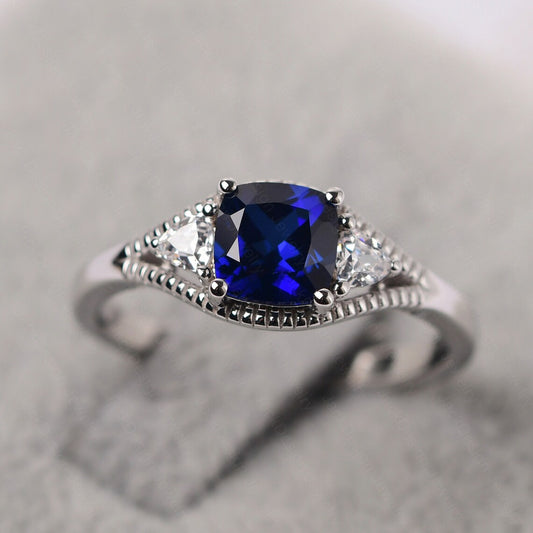 2.50 Ct Cushion Cut Blue Sapphire & Trillion White CZ 925 Sterling Silver Three-Stone Promise Ring