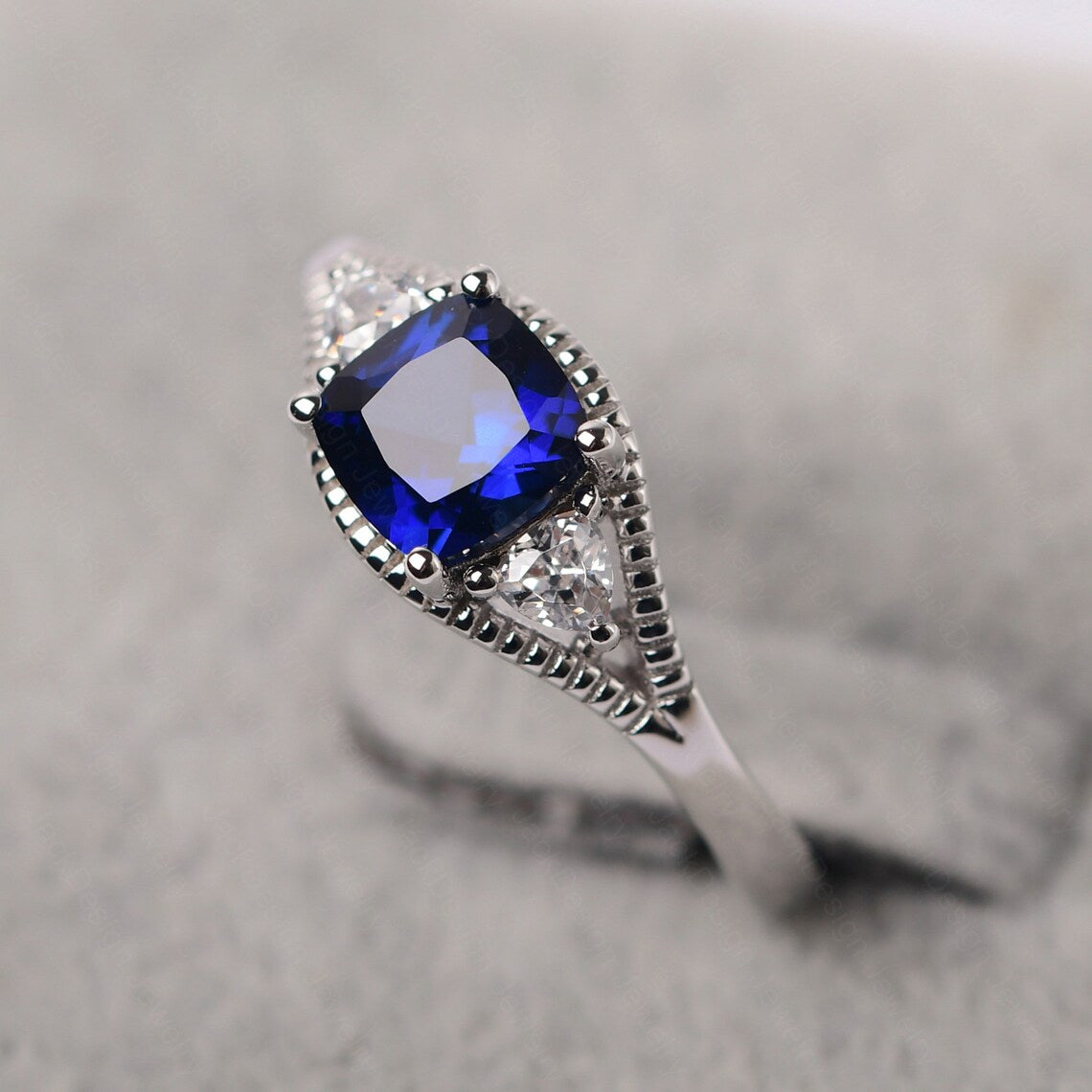 2.50 Ct Cushion Cut Blue Sapphire & Trillion White CZ 925 Sterling Silver Three-Stone Promise Ring