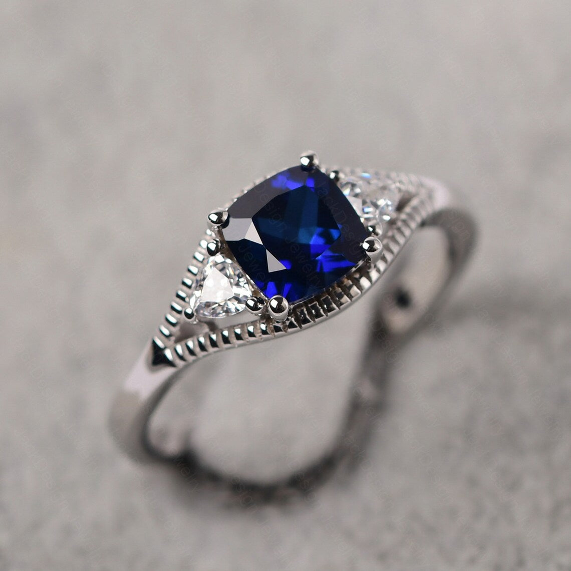 2.50 Ct Cushion Cut Blue Sapphire & Trillion White CZ 925 Sterling Silver Three-Stone Promise Ring