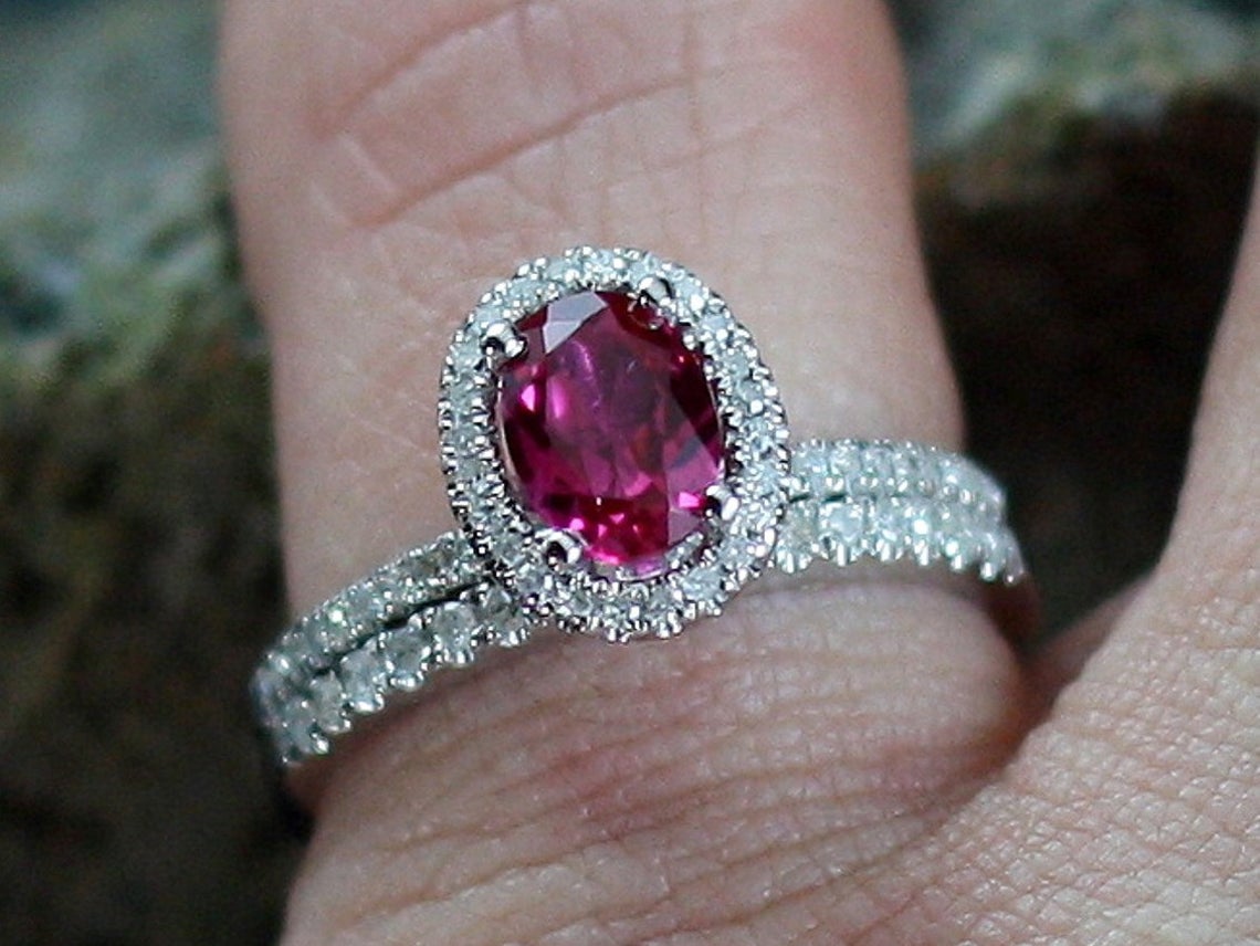 1 CT Oval Cut Red Ruby Diamond 925 Sterling Silver Halo Wedding Bridal Ring Set