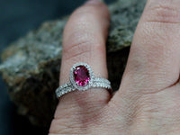 1 CT Oval Cut Red Ruby Diamond 925 Sterling Silver Halo Wedding Bridal Ring Set