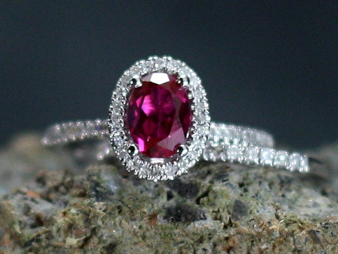 1 CT Oval Cut Red Ruby Diamond 925 Sterling Silver Halo Wedding Bridal Ring Set