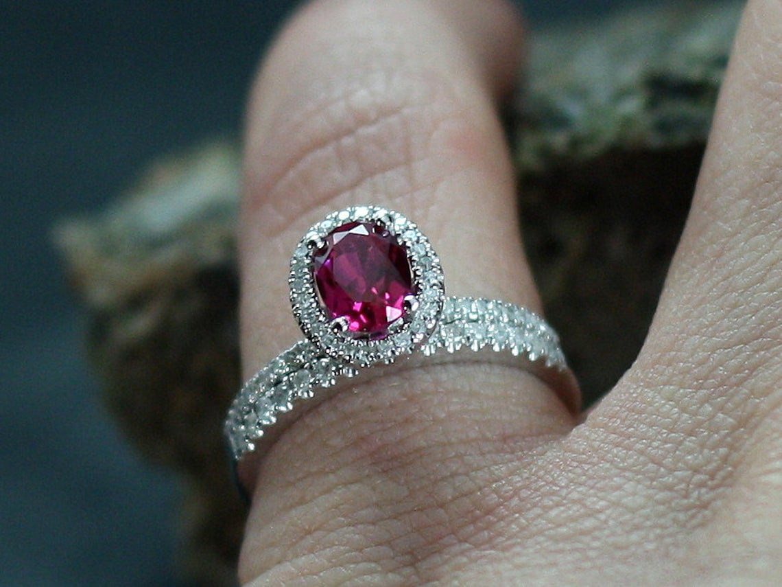 1 CT Oval Cut Red Ruby Diamond 925 Sterling Silver Halo Wedding Bridal Ring Set