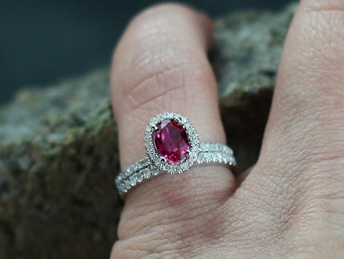 1 CT Oval Cut Red Ruby Diamond 925 Sterling Silver Halo Wedding Bridal Ring Set