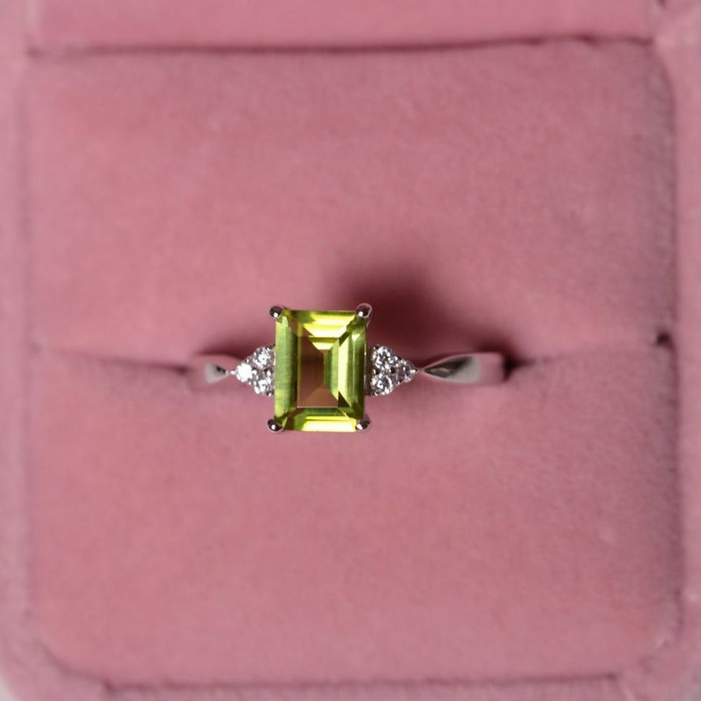 1 CT 925 Sterling Silver Green peridot Emerald Cut Diamond Promise Ring