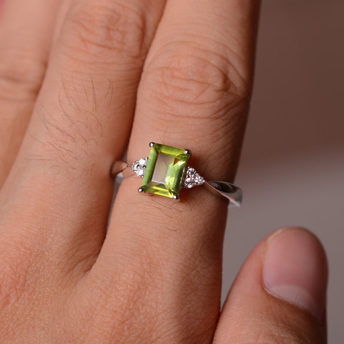 1 CT 925 Sterling Silver Green peridot Emerald Cut Diamond Promise Ring