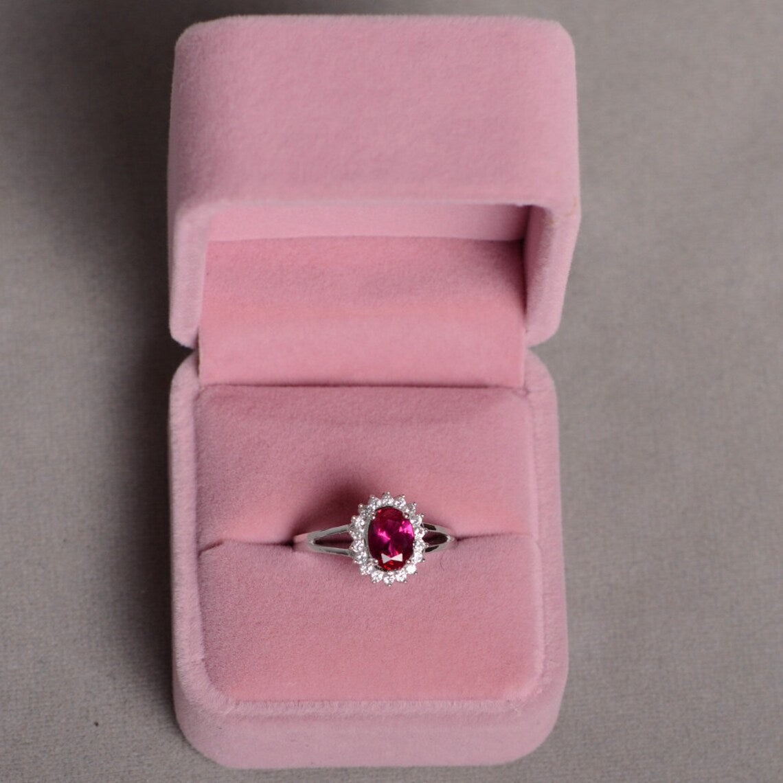 1 CT Oval Cut Red Ruby & CZ Diamond White Gold Over On 925 Sterling Silver Halo Wedding Ring