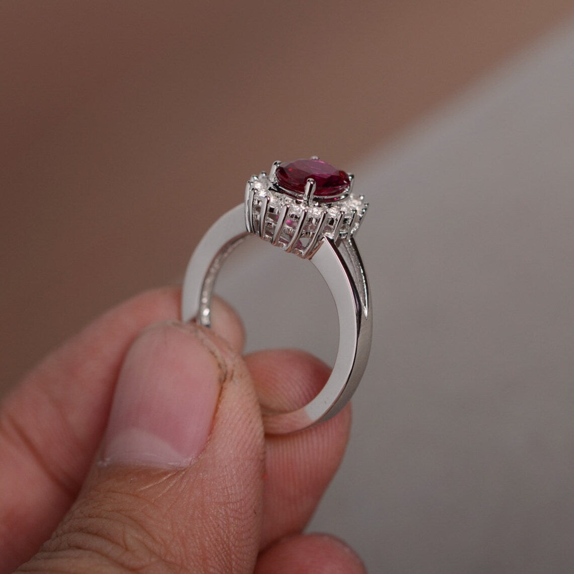 1 CT Oval Cut Red Ruby & CZ Diamond White Gold Over On 925 Sterling Silver Halo Wedding Ring