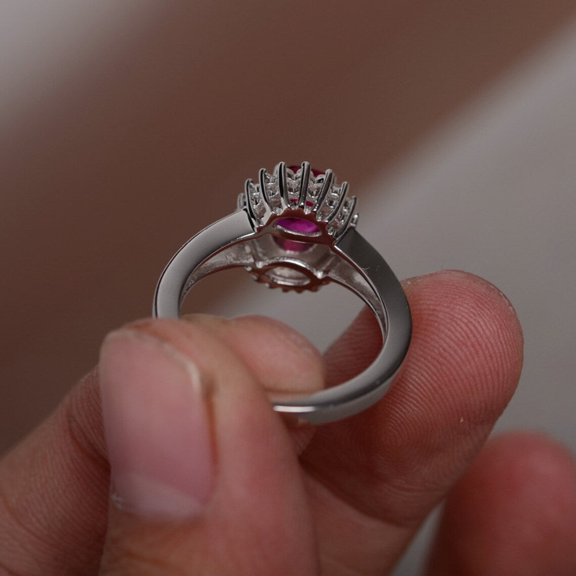 1 CT Oval Cut Red Ruby & CZ Diamond White Gold Over On 925 Sterling Silver Halo Wedding Ring