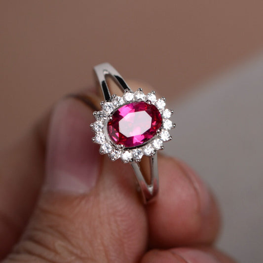 1 CT Oval Cut Red Ruby & CZ Diamond White Gold Over On 925 Sterling Silver Halo Wedding Ring