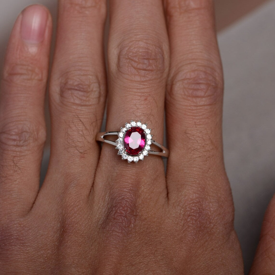 1 CT Oval Cut Red Ruby & CZ Diamond White Gold Over On 925 Sterling Silver Halo Wedding Ring