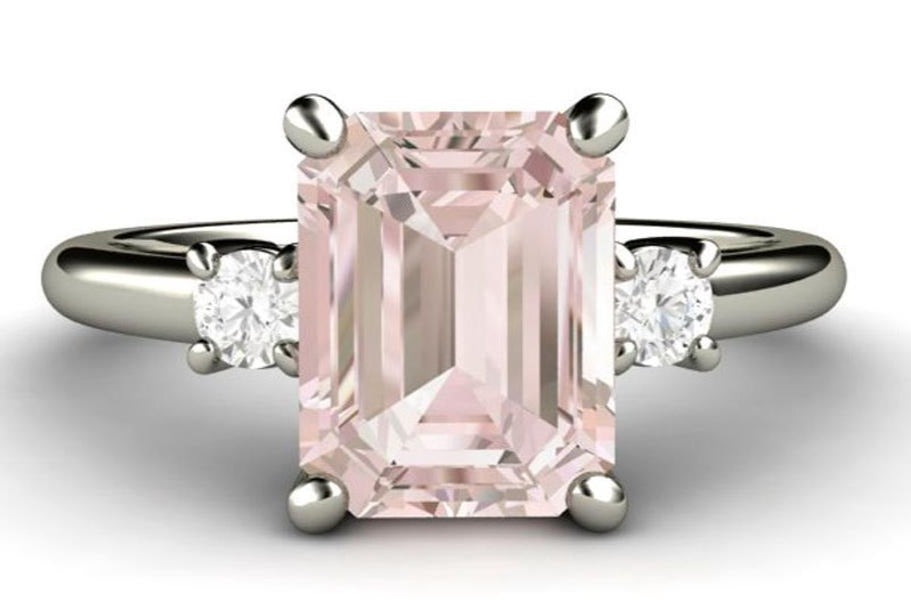 2 CT Emerald cut 3 Stone Pink Morganite Diamond 925 Sterling Silver Women Engagement Ring