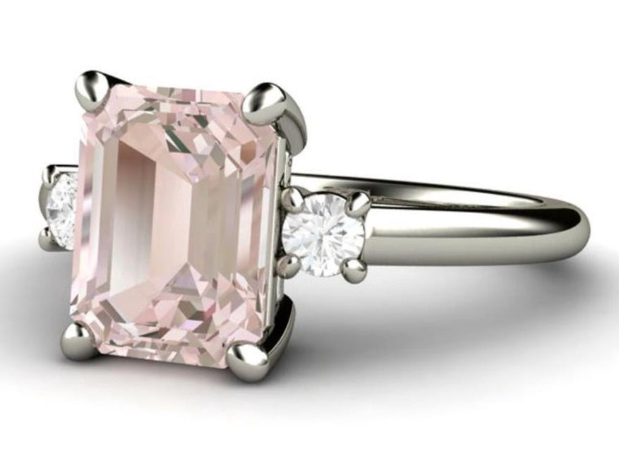2 CT Emerald cut 3 Stone Pink Morganite Diamond 925 Sterling Silver Women Engagement Ring