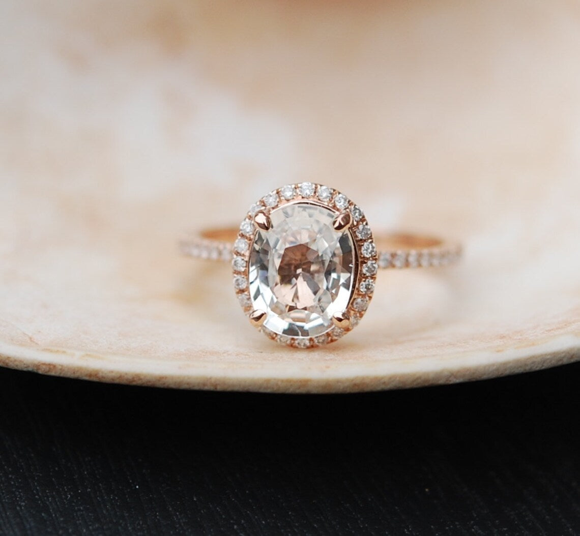 1.95 CT Oval White Sapphire Rose Gold Over On 925 Sterling Silver Halo Engagement Ring