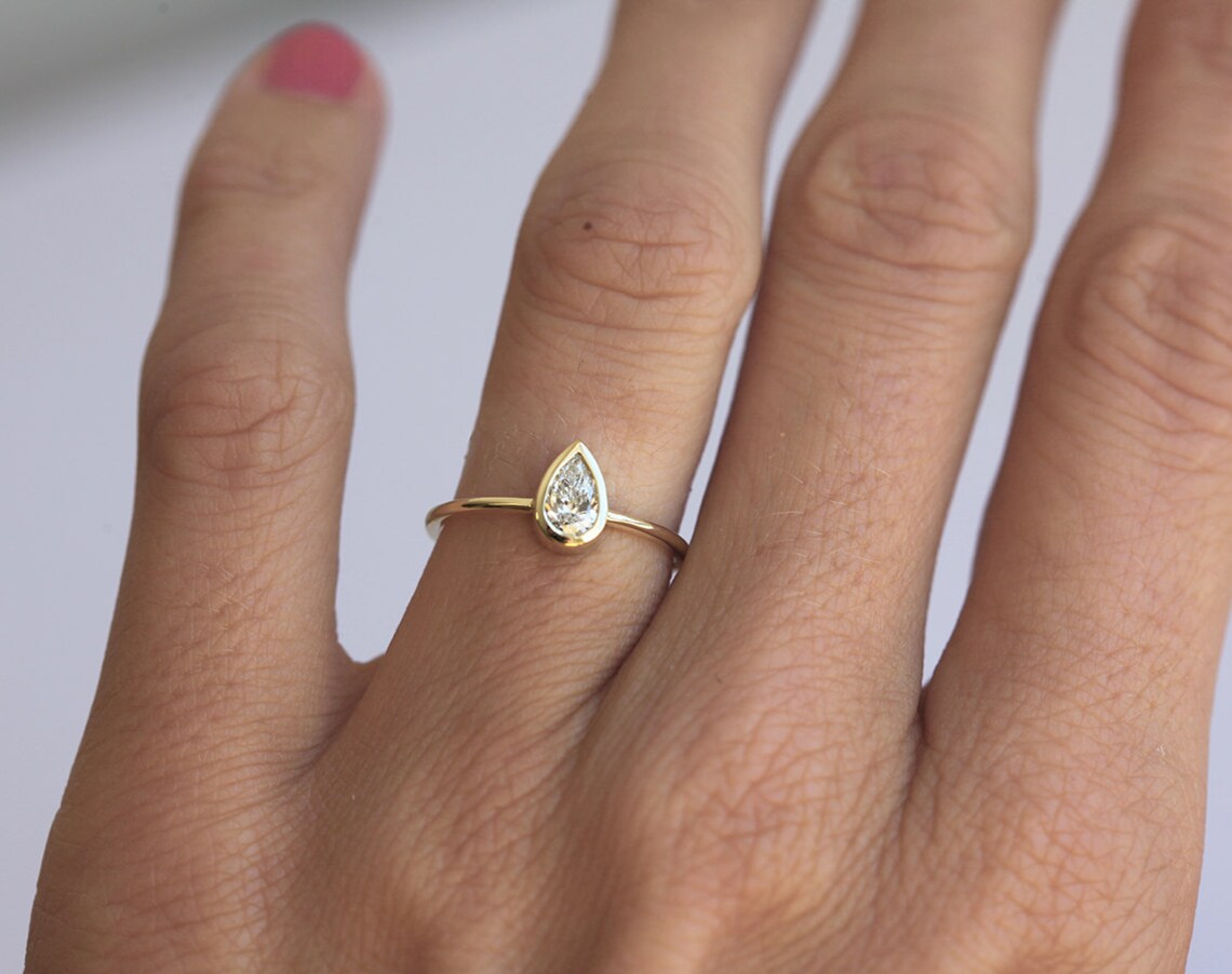 1 CT Pear Cut White Diamond Yellow Gold Ove On 925 Sterling Silver Solitaire Promise Ring