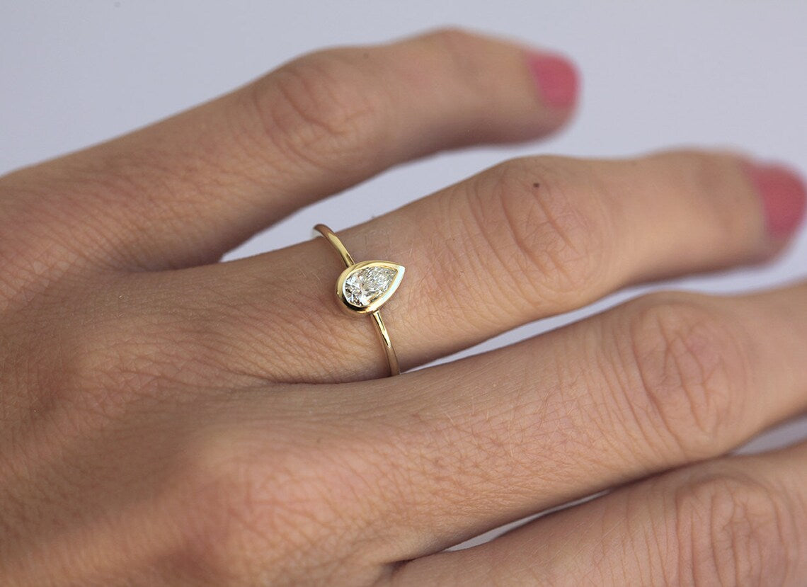 1 CT Pear Cut White Diamond Yellow Gold Ove On 925 Sterling Silver Solitaire Promise Ring