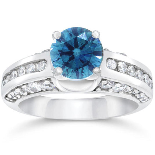 2 CT Round Cut Blue & White Diamond 925 Sterling Silver Wedding Engagement Ring