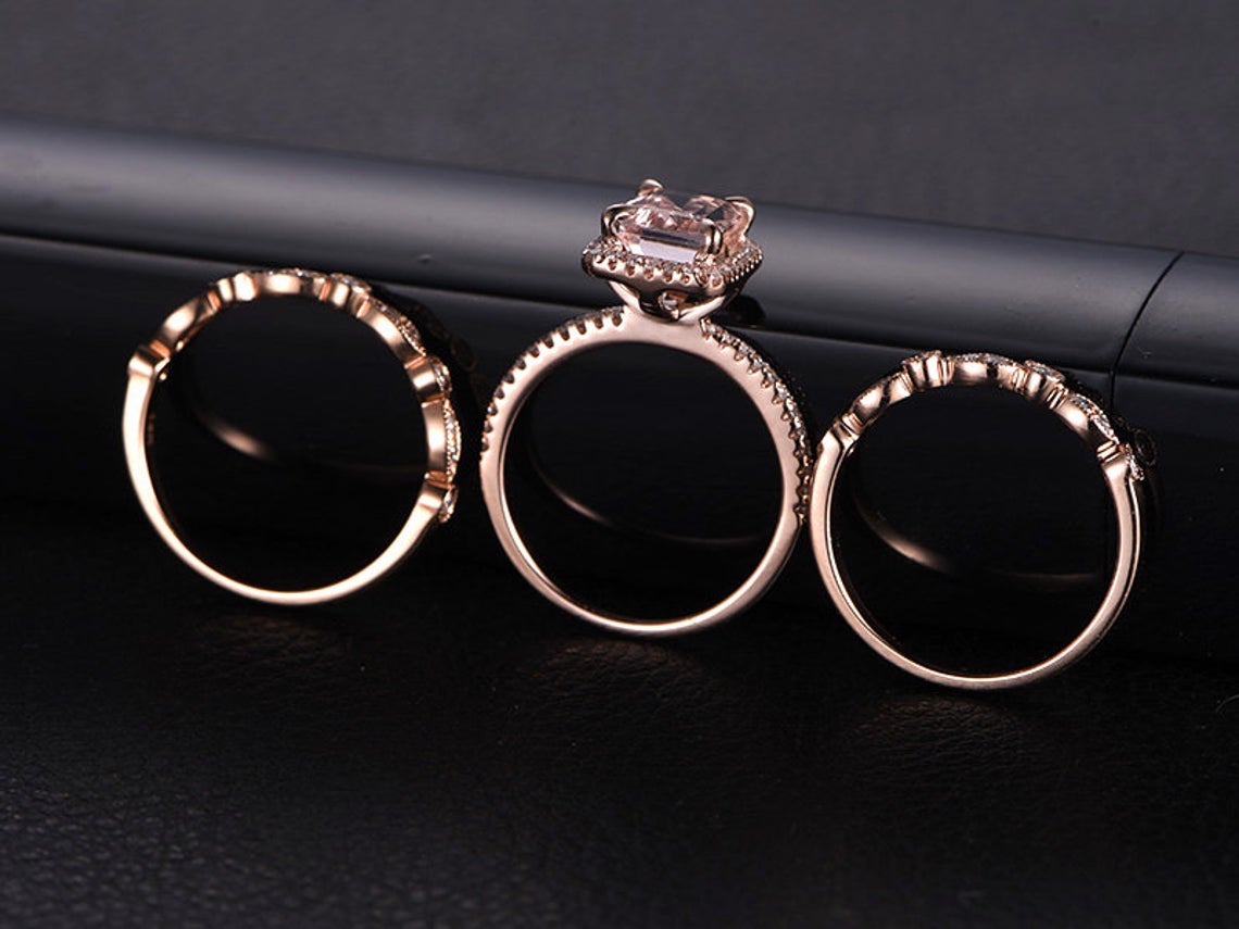 1 CT Emerald Cut Morganite Diamond Rose Gold Over On 925 Sterling Silver Halo Trio Wedding Ring Set