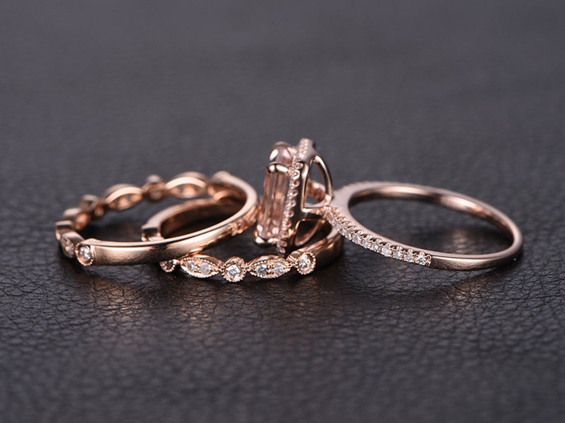 1 CT Emerald Cut Morganite Diamond Rose Gold Over On 925 Sterling Silver Halo Trio Wedding Ring Set