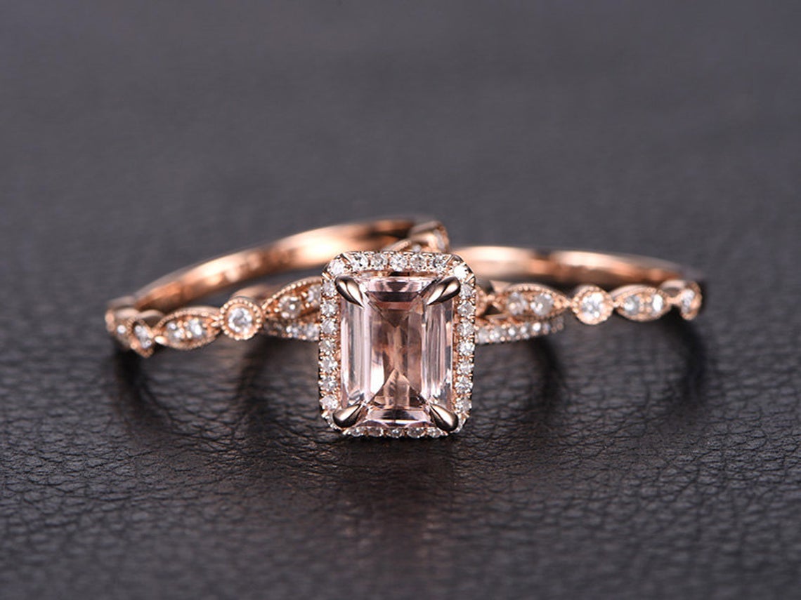 1 CT Emerald Cut Morganite Diamond Rose Gold Over On 925 Sterling Silver Halo Trio Wedding Ring Set