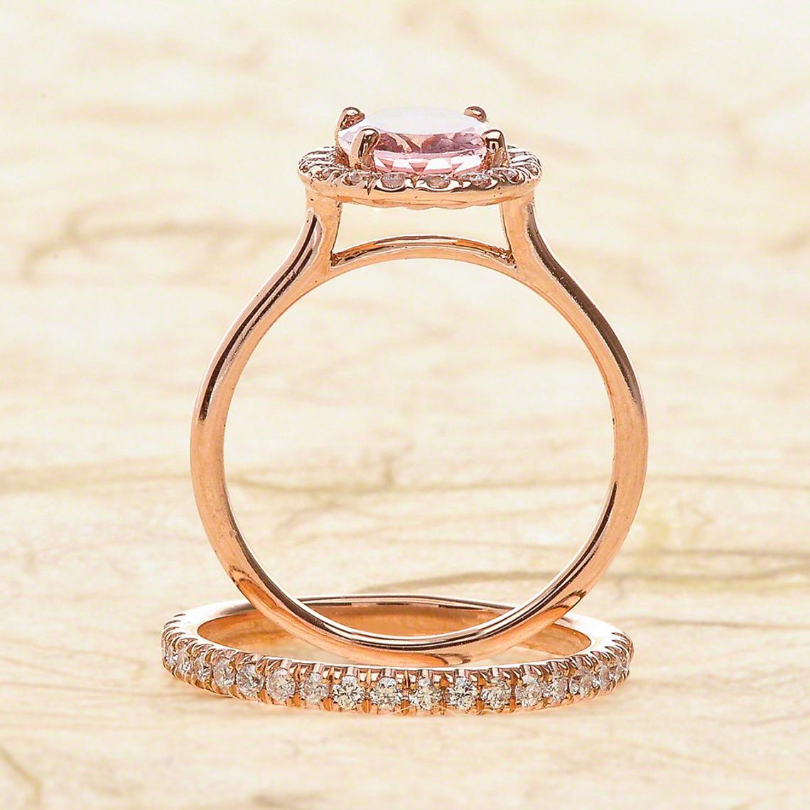 2 CT Oval Cut Pink Morganite Diamond 925 Sterling Silver Halo Wedding Band Ring