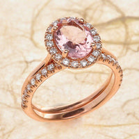 2 CT Oval Cut Pink Morganite Diamond 925 Sterling Silver Halo Wedding Band Ring