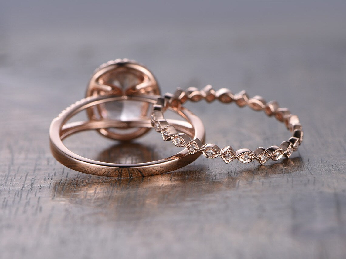 1 CT Oval Cut Pink Morganite Diamond Rose Gold Over On 925 Sterling Silver Bridal Ring Set