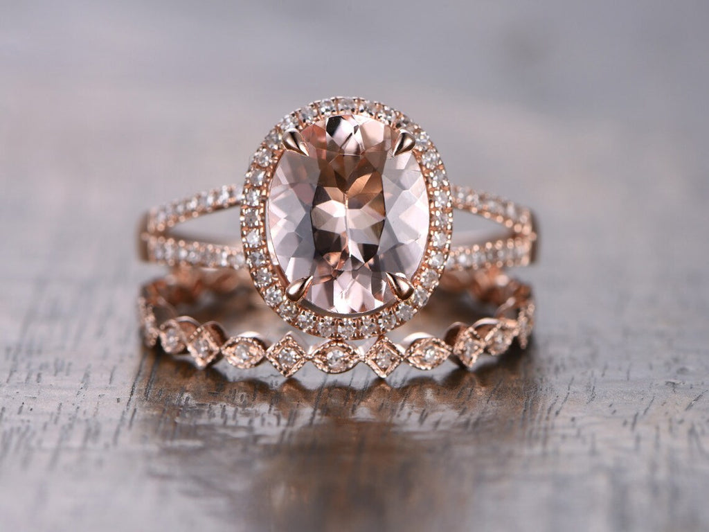 1 CT Oval Cut Pink Morganite Diamond Rose Gold Over On 925 Sterling Silver Bridal Ring Set