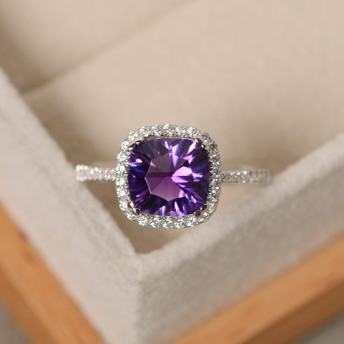 2.50 Ct Cushion Cut Purple Amethyst 925 Sterling Silver Halo Engagement Ring
