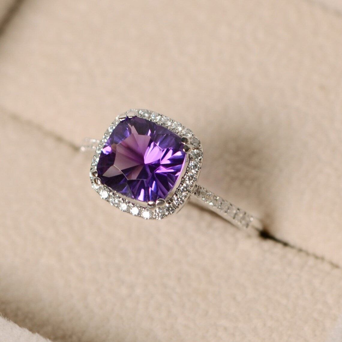 2.50 Ct Cushion Cut Purple Amethyst 925 Sterling Silver Halo Engagement Ring