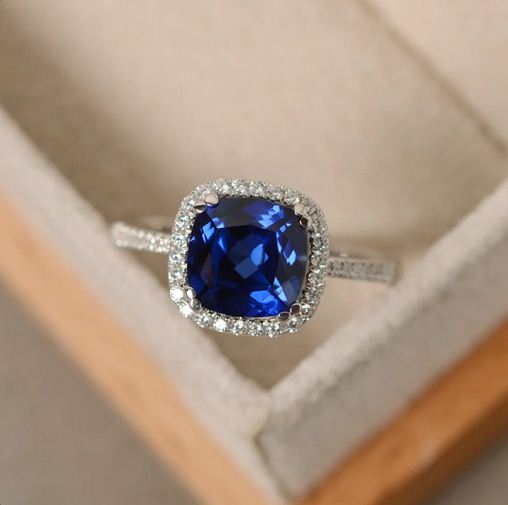 2.25 Ct Cushion Cut Blue Sapphire 925 Sterling Silver Halo Engagement Ring