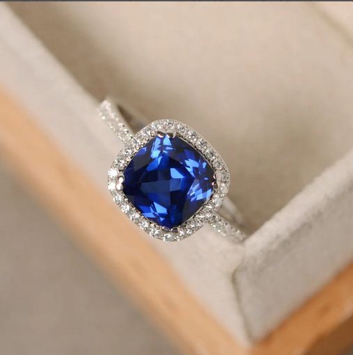 2.25 Ct Cushion Cut Blue Sapphire 925 Sterling Silver Halo Engagement Ring